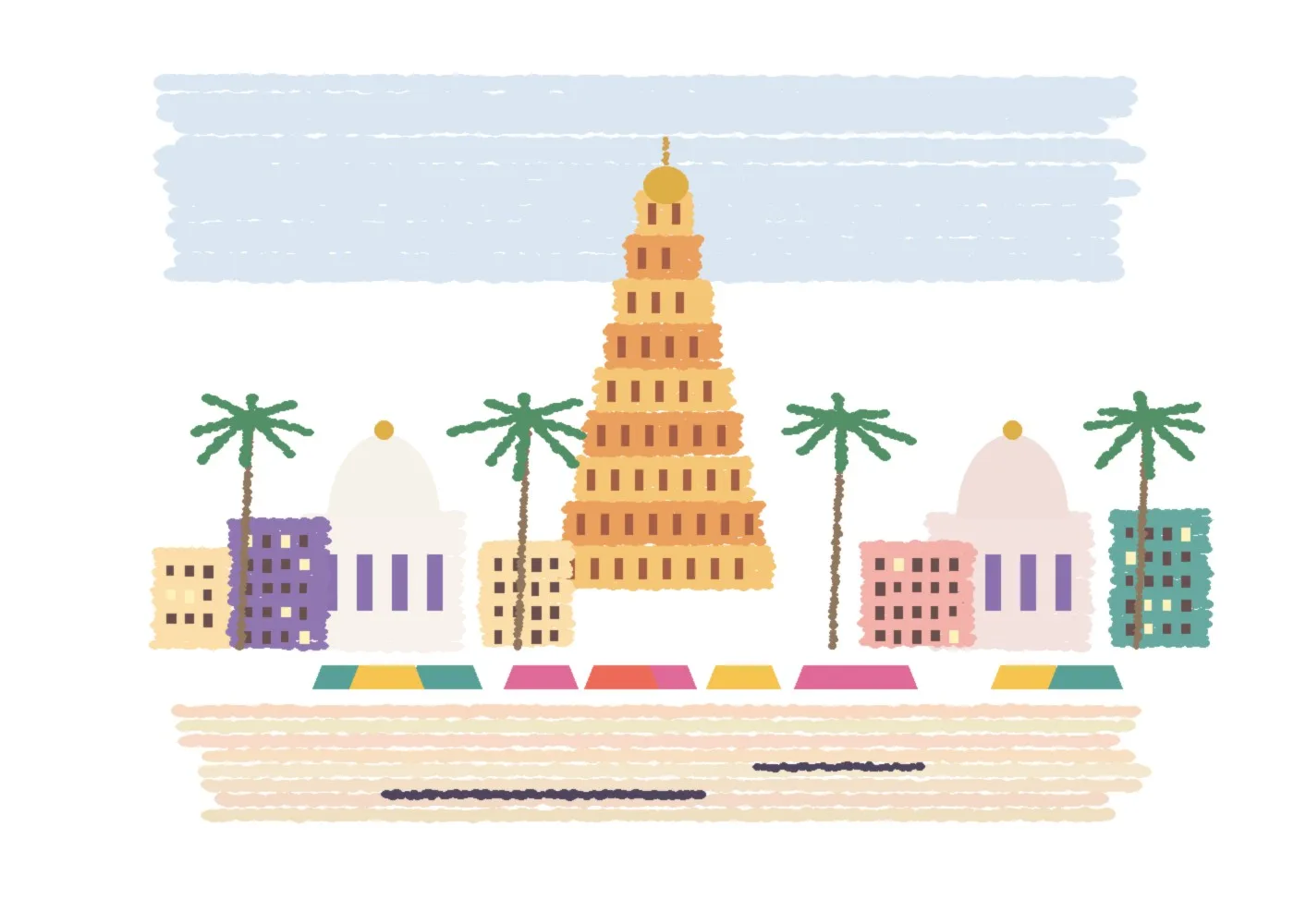 Painted illustration of an Indian city with a temple tower, domes and palms